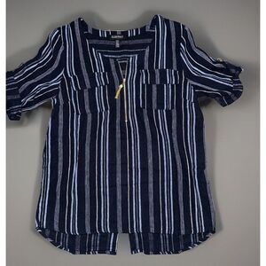 Ellen Tracy‎ Top Shirt Womens Size Small Blue Striped Linen Blend Gold Zipper